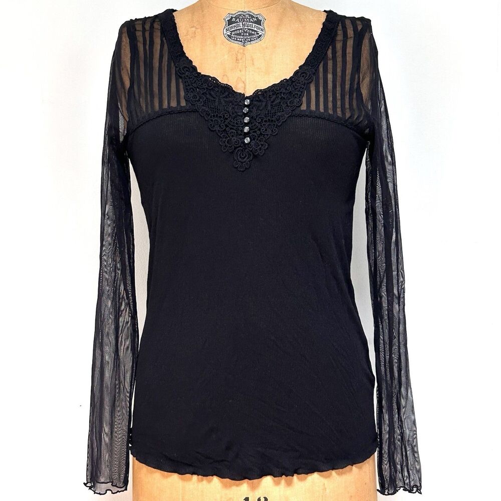 Ralph Lauren Denim & Supply Mesh Lace Top Womens Large Black Sheer Goth Boho